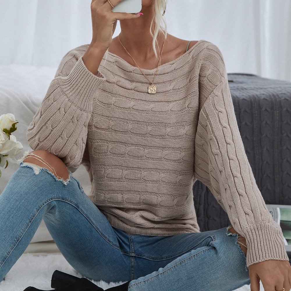 New Boat Neck Cable Knit Sweater Apricot